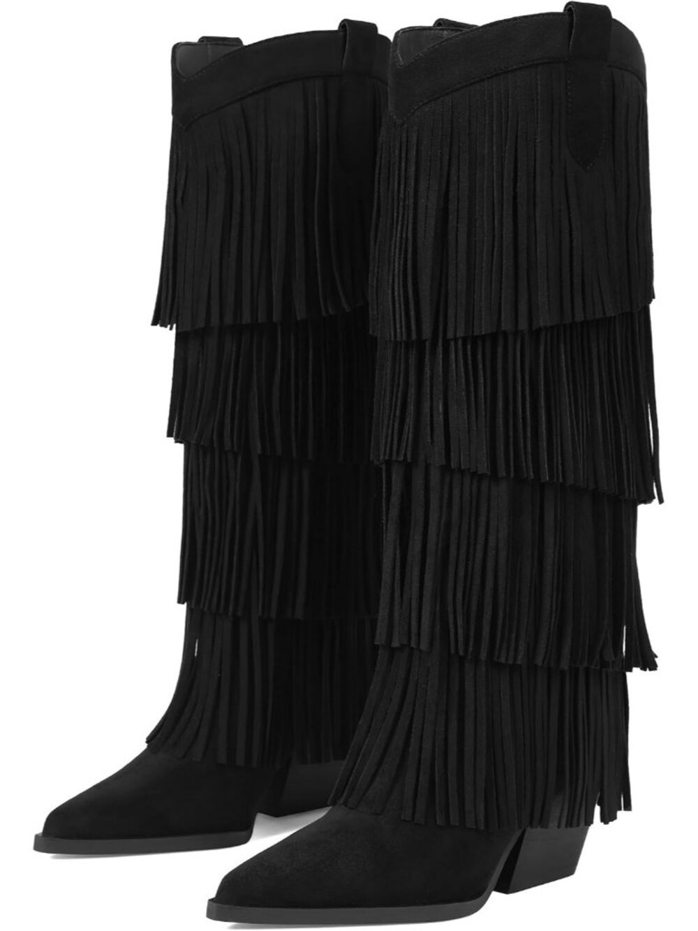 Women's Black Knee High Chunky Heel Pointed Toe Slip on Wide Calf Cowgirl Boot